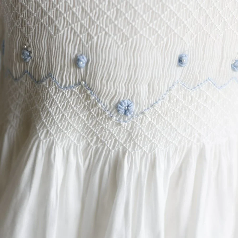 Strasburg Dress White Heirloom Smocked 6x/7 Blue Trim Special Occassion - Picture 3 of 7